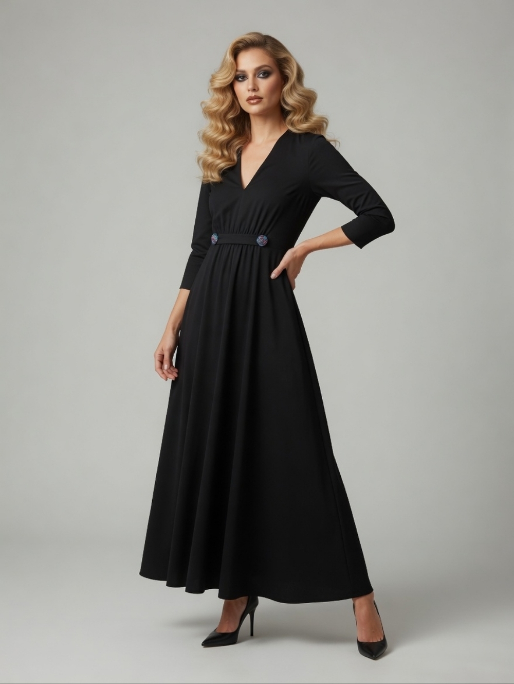 Vintage 70's Handmade Black V-Neck Empire Waist Maxi Dress - Picture 9 of 9